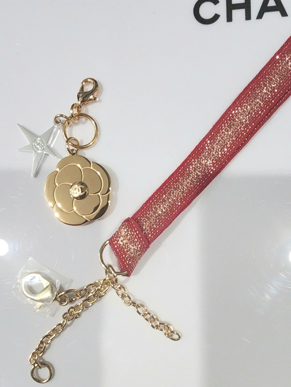 NEW CHANEL Gold Camellia & Red Ribbon Charm 🎁